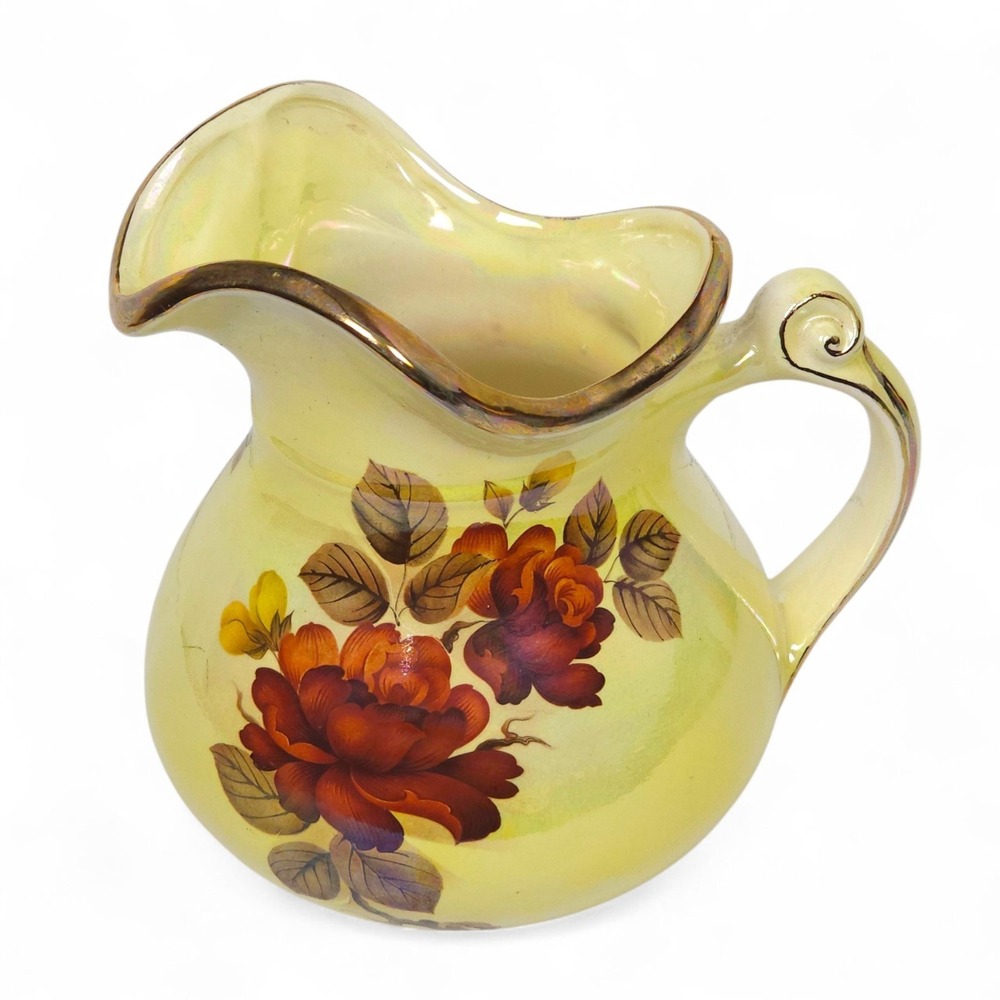 VINTAGE 1981 Studio Art Iridescent Yellow Rose Pitcher Jug Signed Cottagecore